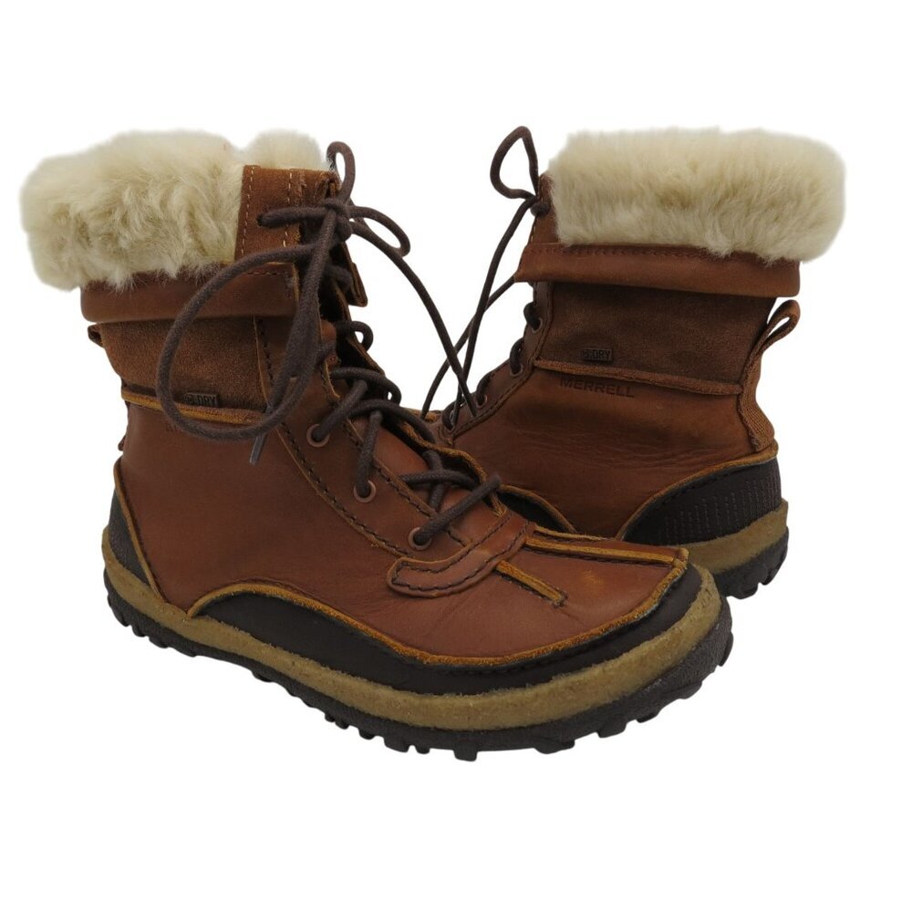 MERRELL Women's Brown Leather Tremblant Mid Polar Waterproof Boots 6 Faux Fur